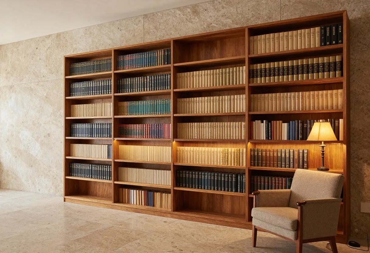 Estantes con libretas encuadernadas junto a una pared de travertino