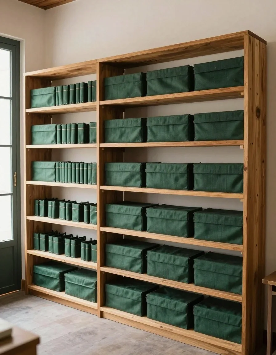 Estantería con libros de cuentas encuadernados en tela verde